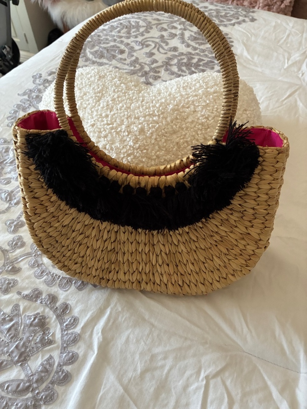 VENUS Straw Tote with Black Trim and Hot Pink Lining